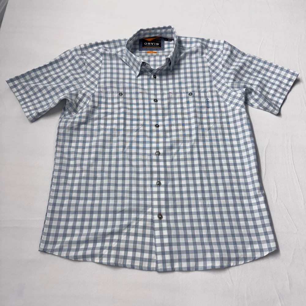 Orvis Men Large Active Fit Short Sleeve Button Down Shirt Blue White Plaid Check